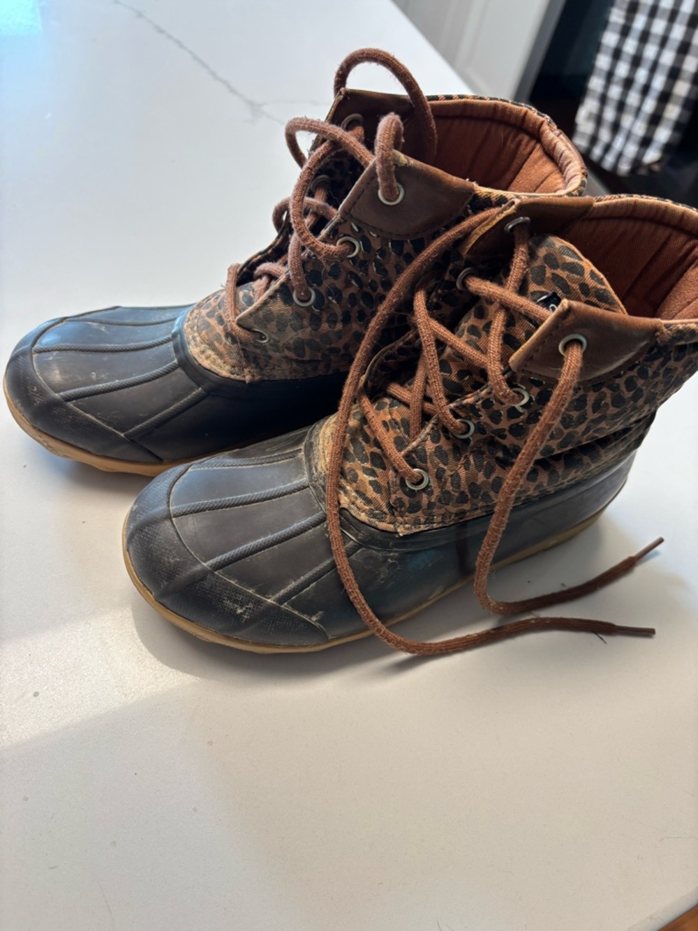 Kids Brown Sperry Leopard-Accent Duck Boots